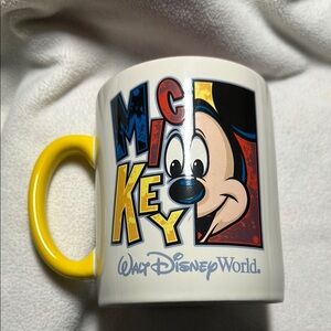 Disney Mickey Mouse Mug with Yellow Handle and Colorful Design Walt Disney World
